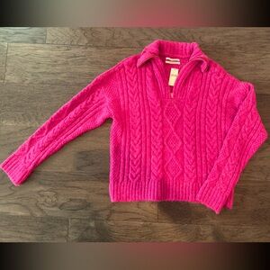 Anthropologie Fuchsia V-Neck Cable Knit Sweater